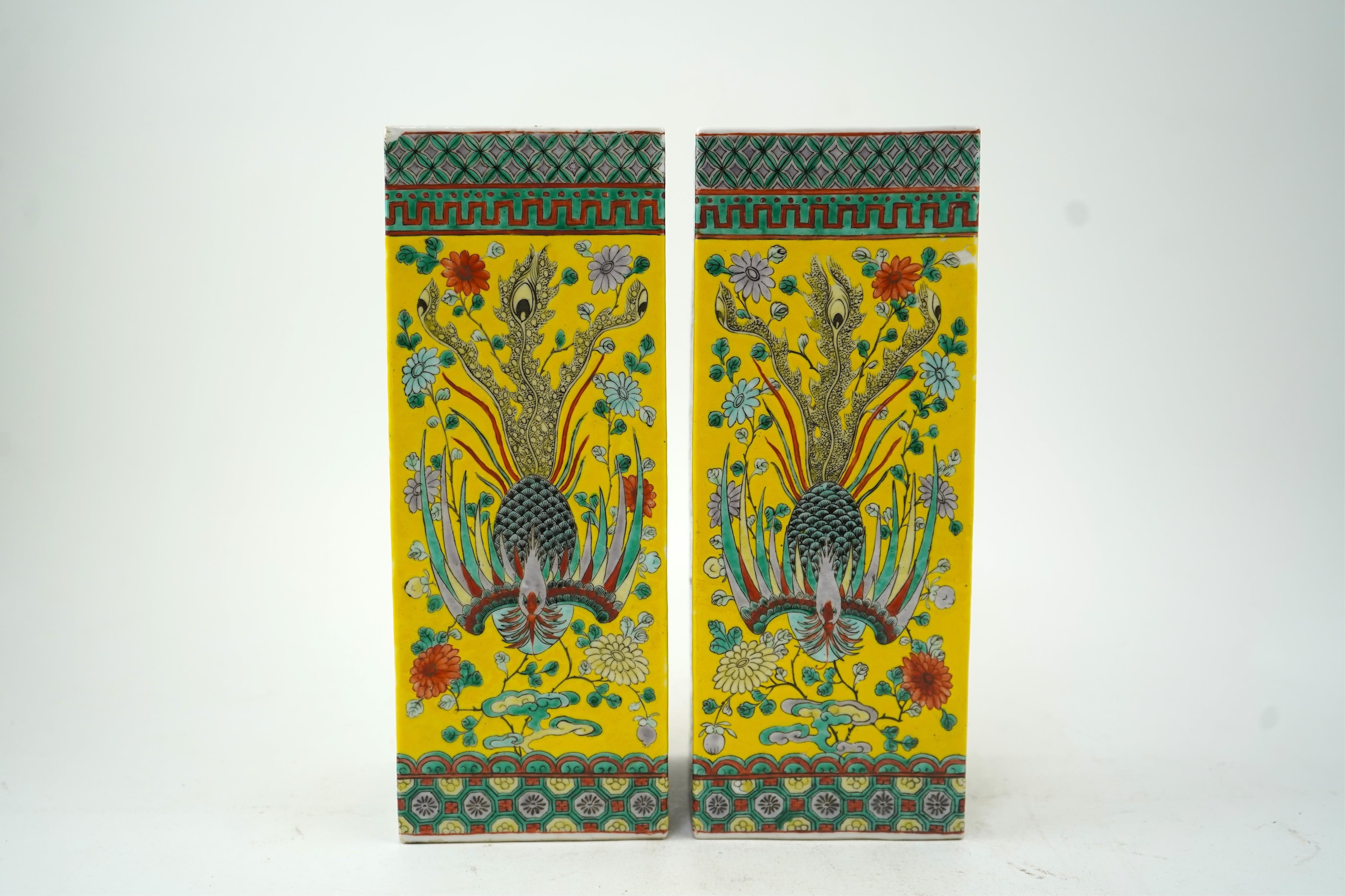 A pair of Chinese yellow ground square vases, late 19th century